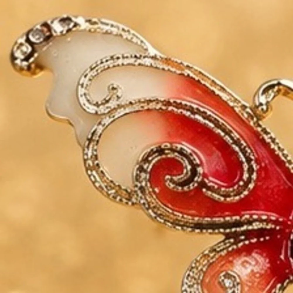 Enamel Butterfly Brooch Gold Tone Filigree Red Crystal Dangle Pearlescent Pin